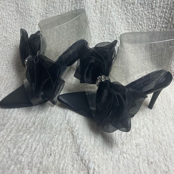Azalea Wang clear plastic straps Black Heel sandals bow rhinestones accent SZ8.5 - Picture 5 of 10